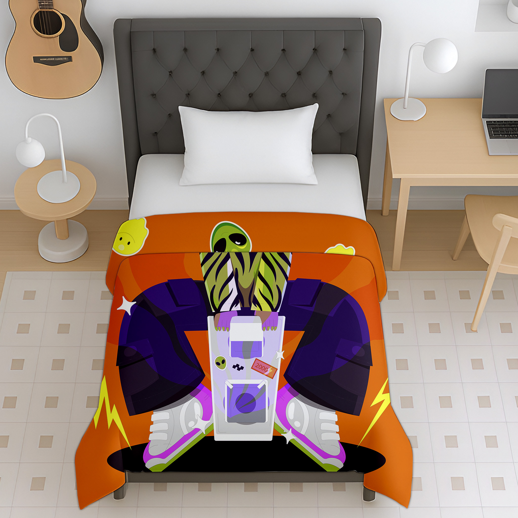 Kids Alien Cartoon Print Reversible Cotton Dohar