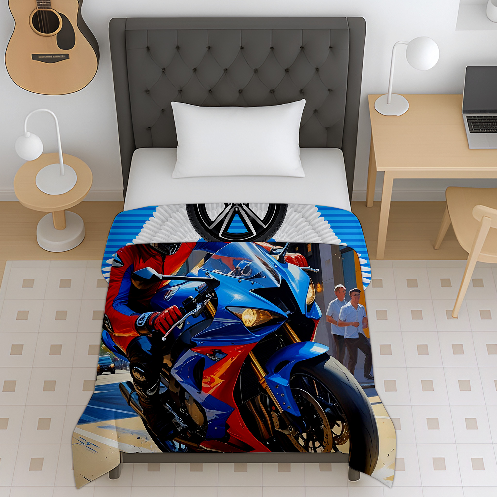 Kids Superbike Rider Print Reversible Cotton Dohar