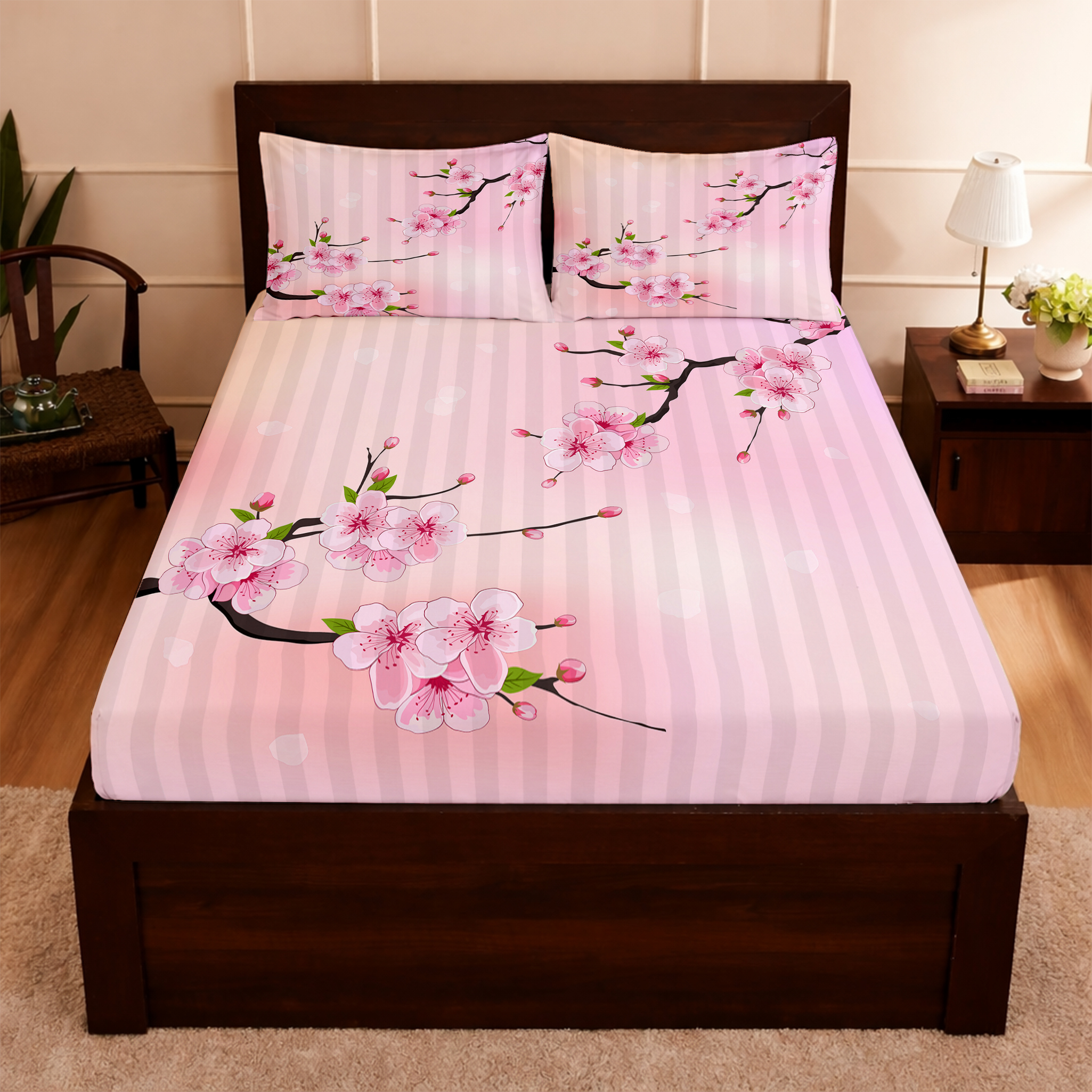 Premium pink sakura blossom digital print king size bedsheet with striped background and floral branch design