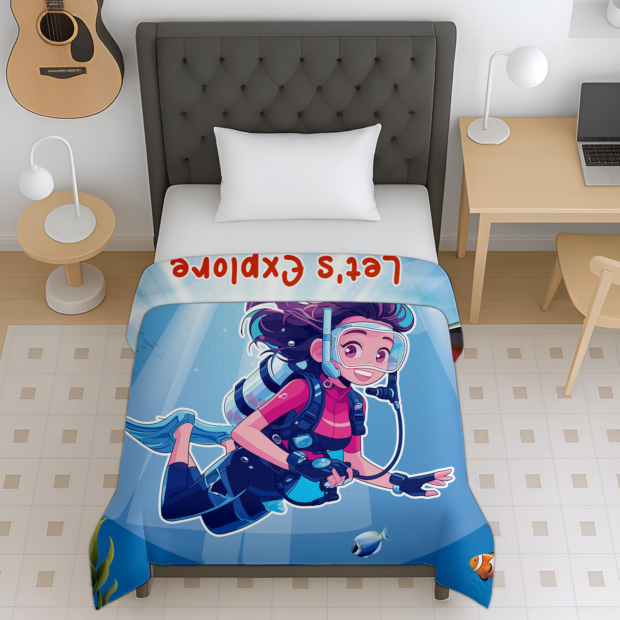 Ocean diver cartoon print reversible micro kids dohar for teens