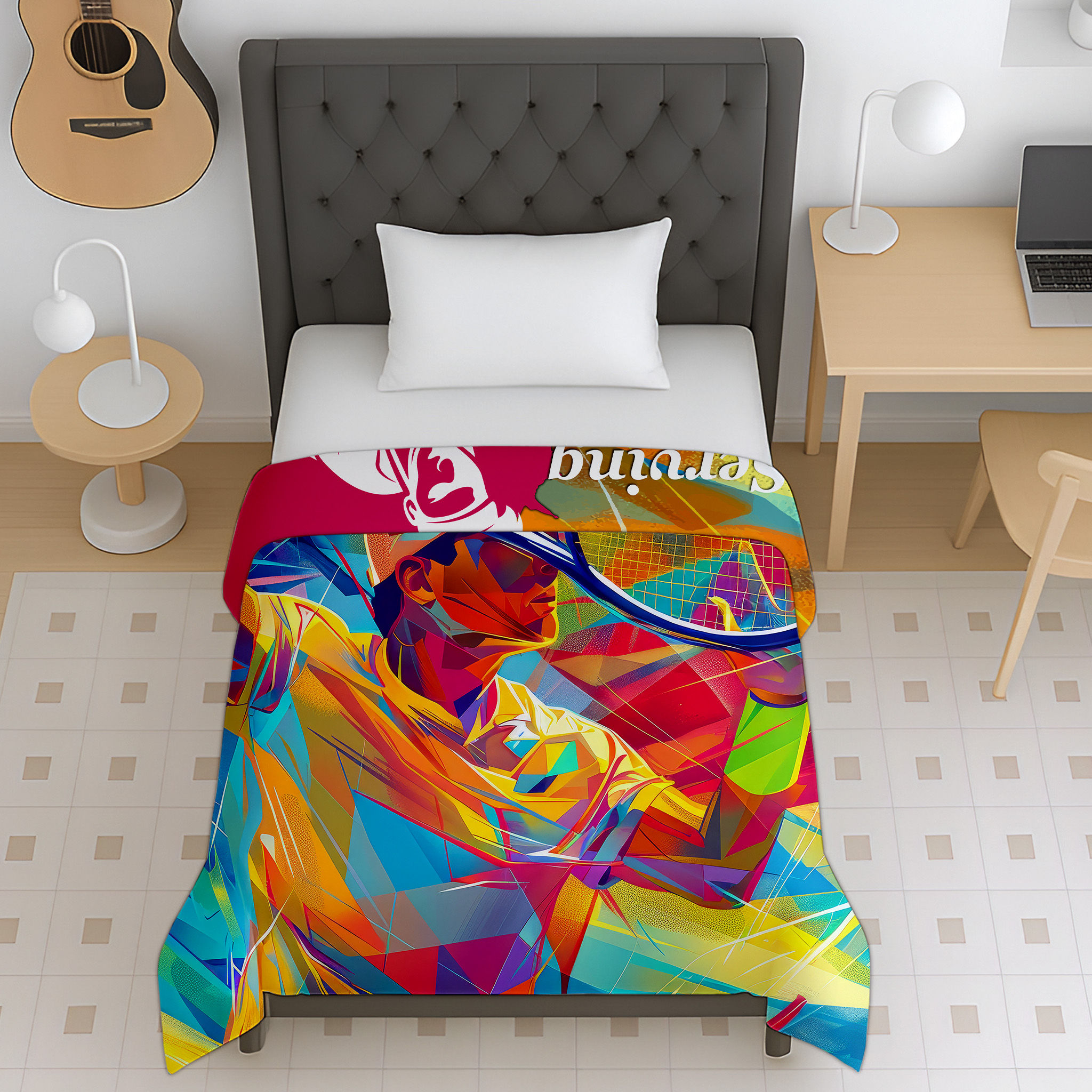 Abstract tennis sports print reversible micro kids dohar for teens