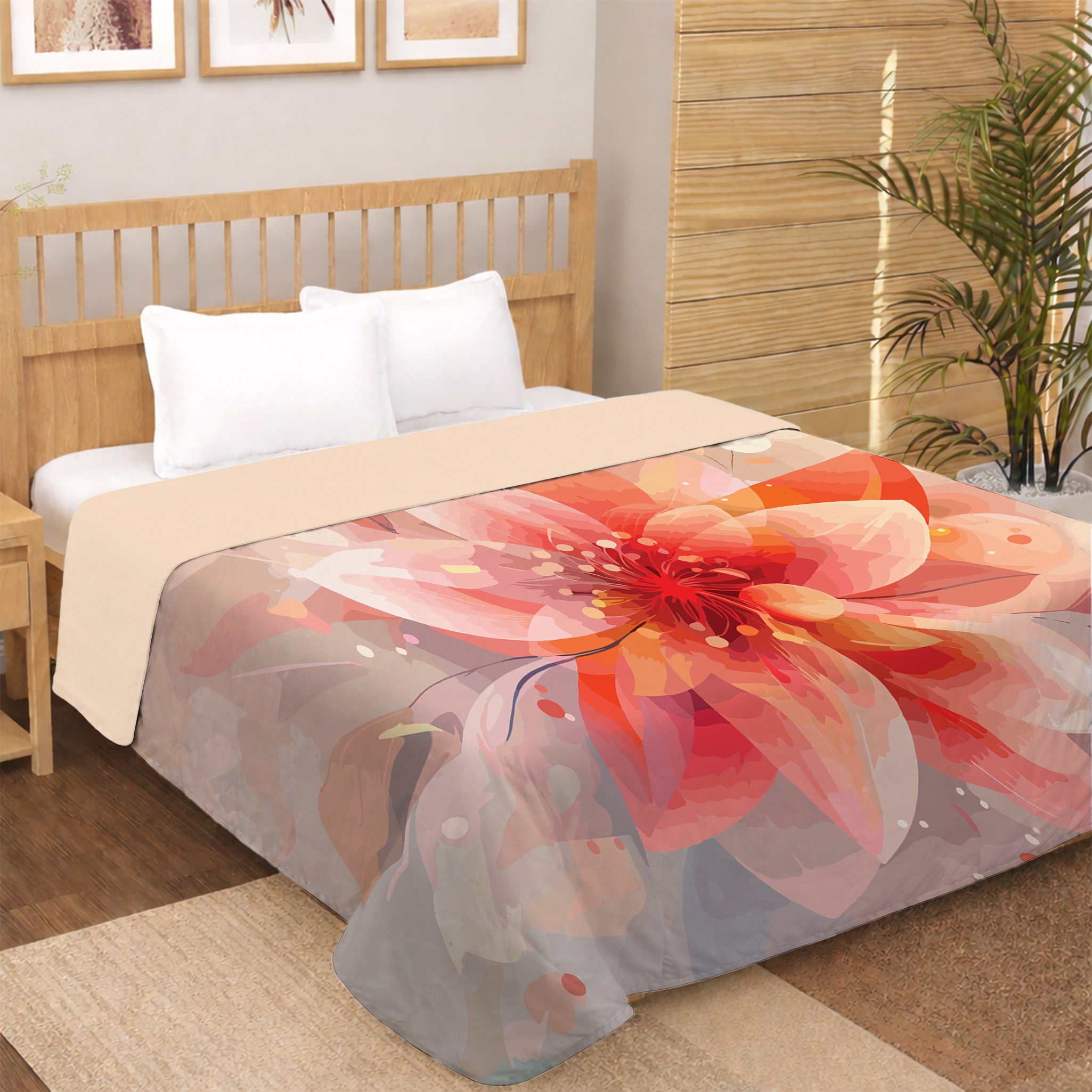 abstract red orange floral digital print dohar with warm tone blossom design