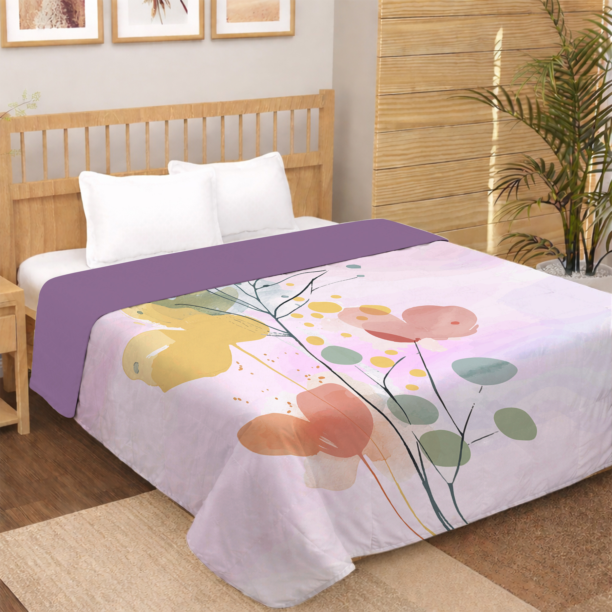 minimal abstract floral digital print dohar with pastel color splash and modern botanical design