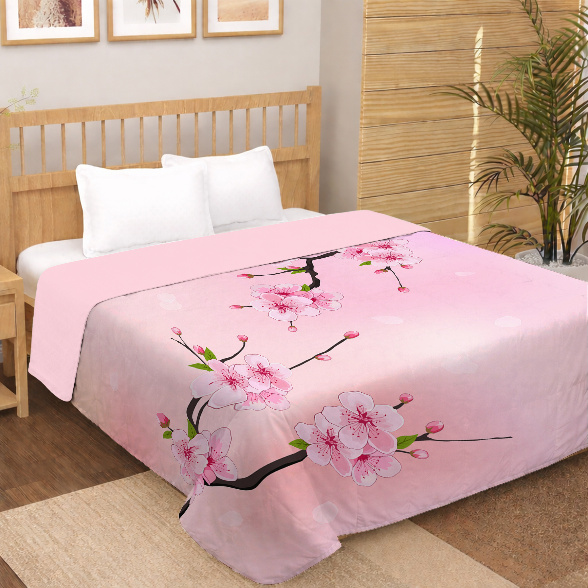 pink sakura cherry blossom digital print dohar with elegant japanese floral branch design
