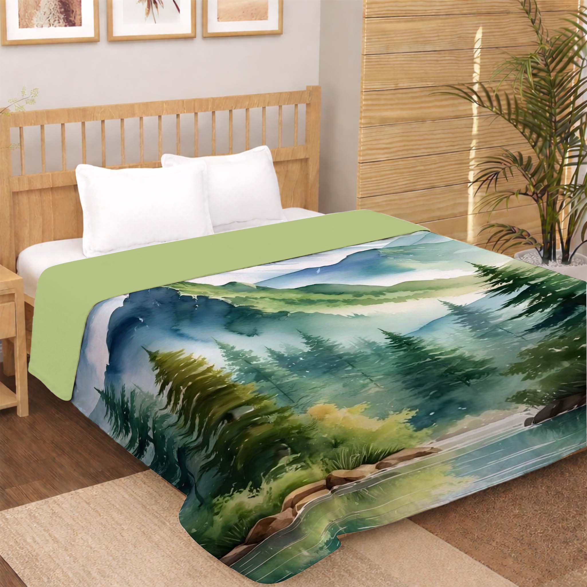 scenic alpine mountain forest digital print dohar with misty landscape and pine trees design