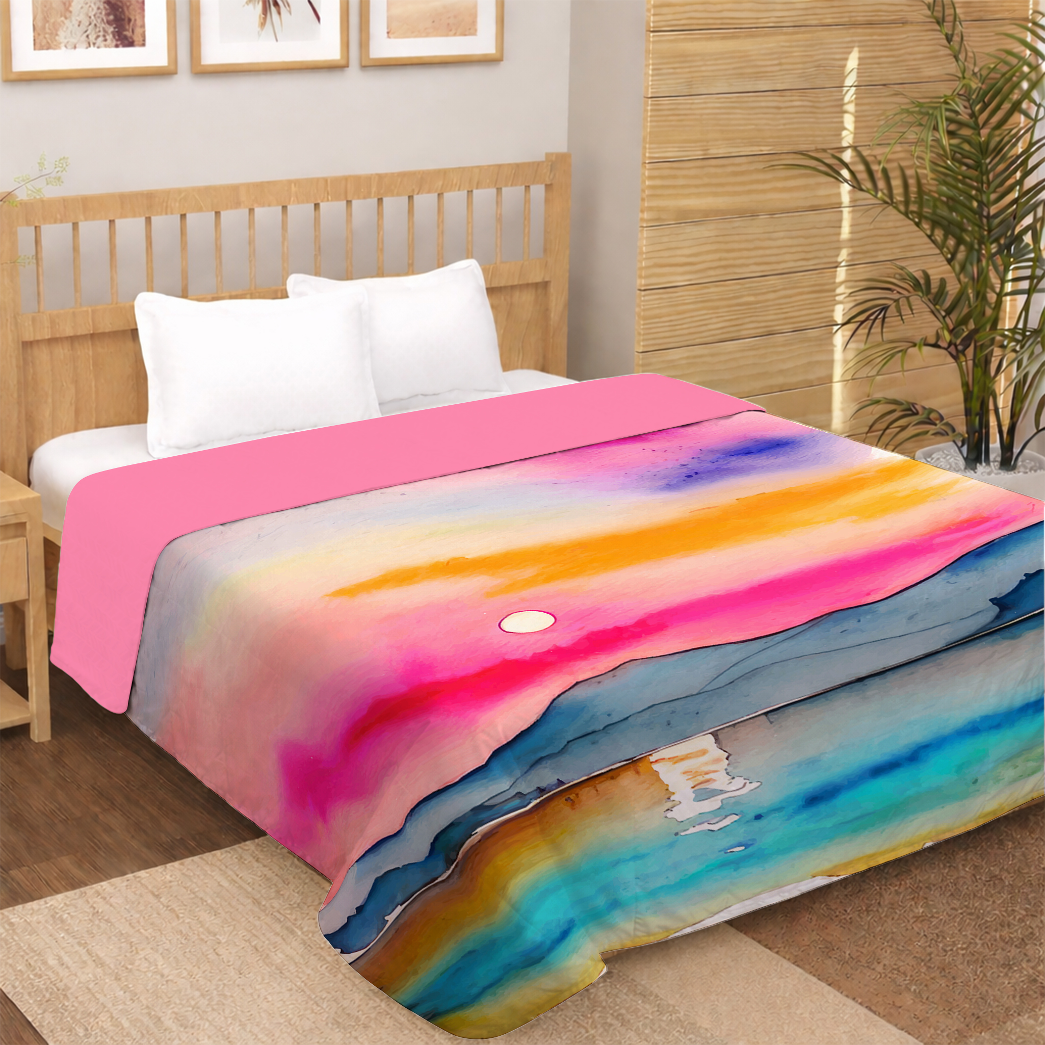 vibrant abstract sunset horizon digital print dohar with colorful sky and water reflection design