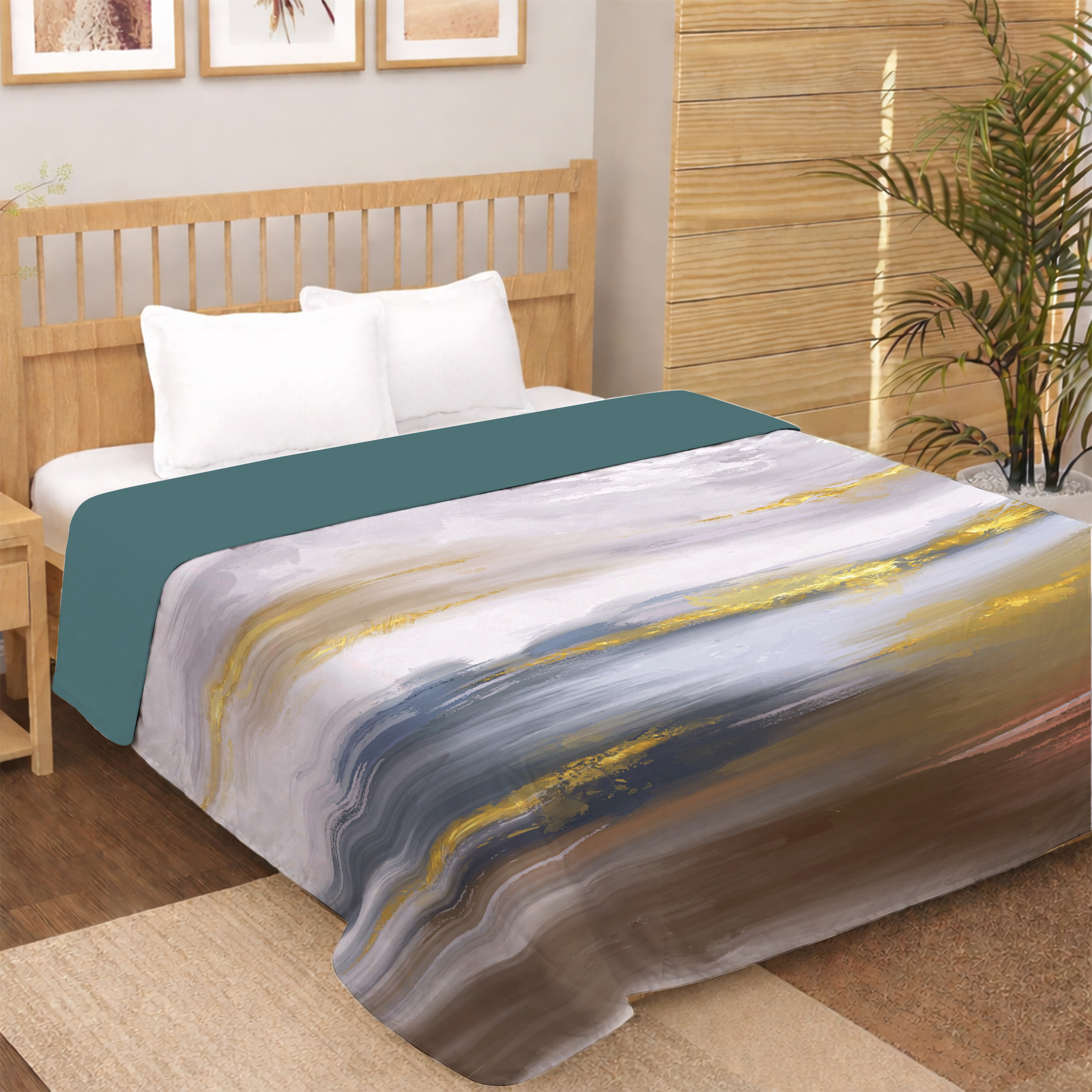 minimal abstract digital print dohar with gold accent lines and neutral tones