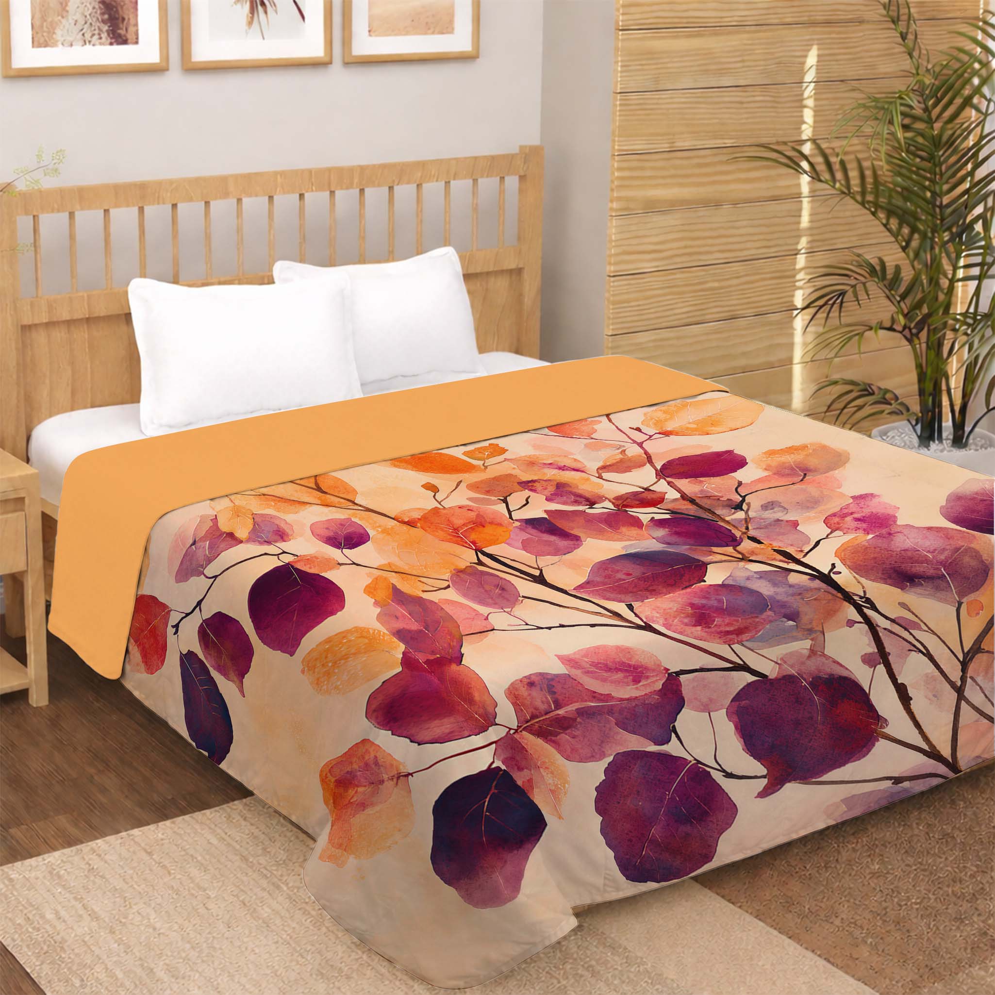 autumn leaf botanical digital print dohar with warm orange red and purple foliage design
