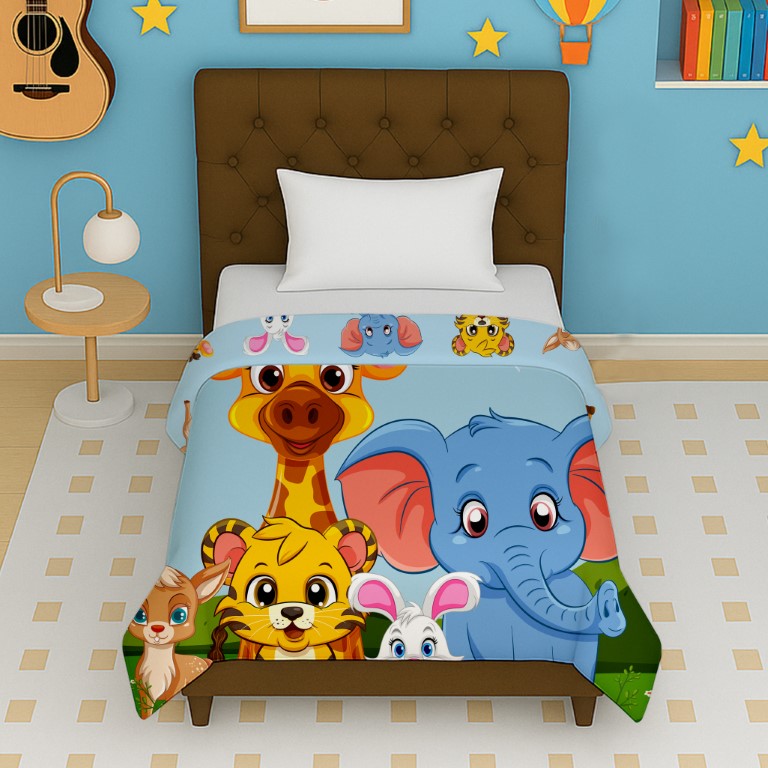 Happy Toons jungle friends reversible kids micro dohar with cartoon animal print for kids age 4 to 12 years