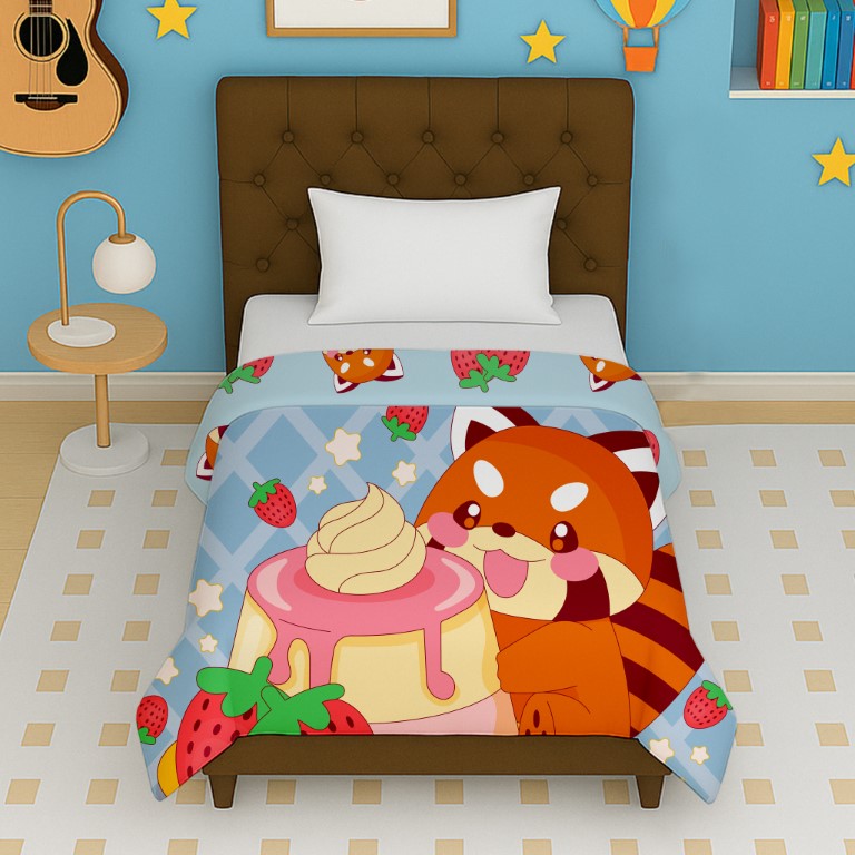 Happy Toons berry cake reversible kids micro dohar with cute fox and strawberry cartoon print for kids age 4 to 12 years