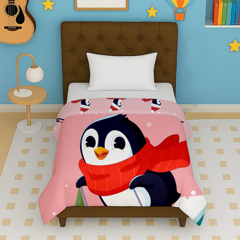 Happy Toons snowy penguin reversible kids micro dohar with winter cartoon penguin print for kids age 4 to 12 years